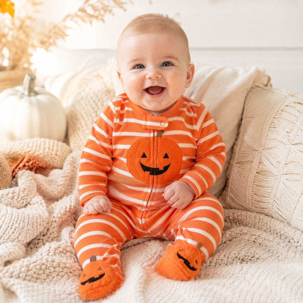 Carters Just One You Baby 3M Halloween Pumpkin Waffle Knit 2-Way Zip Sleeper